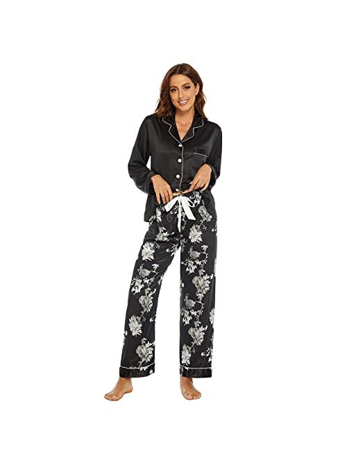 Anna&Chris Escalier Satin Silk Pajamas Set for Women Button Down Sleepwear 2 Piece Pjs Sets Long Sleeve Floral Womens Loungewear