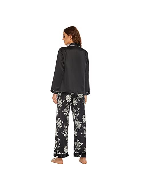 Anna&Chris Escalier Satin Silk Pajamas Set for Women Button Down Sleepwear 2 Piece Pjs Sets Long Sleeve Floral Womens Loungewear