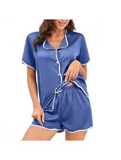 DUWMCON Silk Pajama Sets for Women Short Sleeve Sleepwear Soft Satin Loungewear Two Piece Button Down Shorts Set