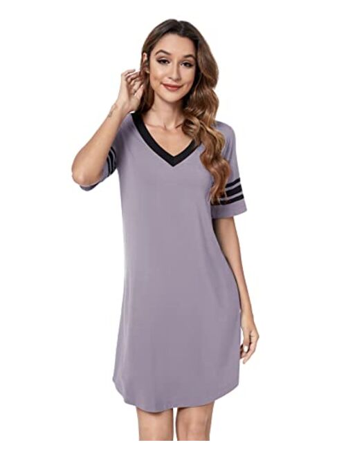 QUALFORT Bamboo Nightgowns for Women V Neck Short Sleeve Sleep Shirt Soft Sleepwear Lightweight Nightshirts