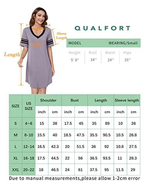 QUALFORT Bamboo Nightgowns for Women V Neck Short Sleeve Sleep Shirt Soft Sleepwear Lightweight Nightshirts
