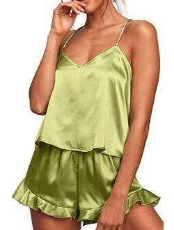 CHYRII Women's Sexy Silk Satin Ruffled Pajamas Sets Cami Shorts Sets Sleepwear
