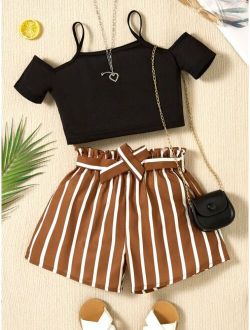 Girls Cold Shoulder Tee With Striped Belted Shorts