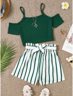 Girls Cold Shoulder Tee With Striped Belted Shorts