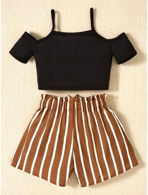 Shein Girls Cold Shoulder Tee With Striped Belted Shorts