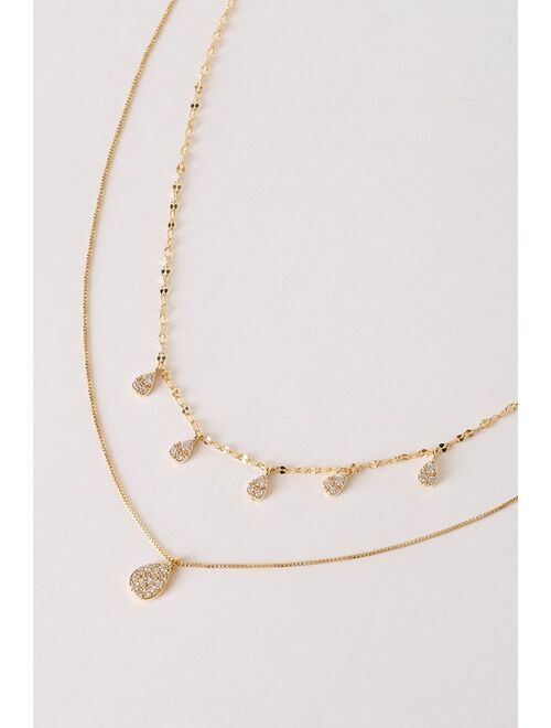 Lulus Tears of Joy 14KT Gold Rhinestone Pendant Necklace