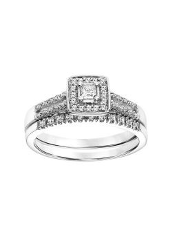 14k White Gold 1/3 Carat T.W. Certified Diamond Square Halo Engagement Ring Set