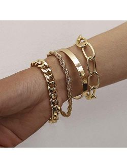 fxmimior Dainty Boho Gold Silver Chain Bracelets Set for Women Adjustable Fashion Beaded Chunky Flat Cable Chain Punk Bracelets Jewelry for Women Girls Gift Set of 4 (Gol