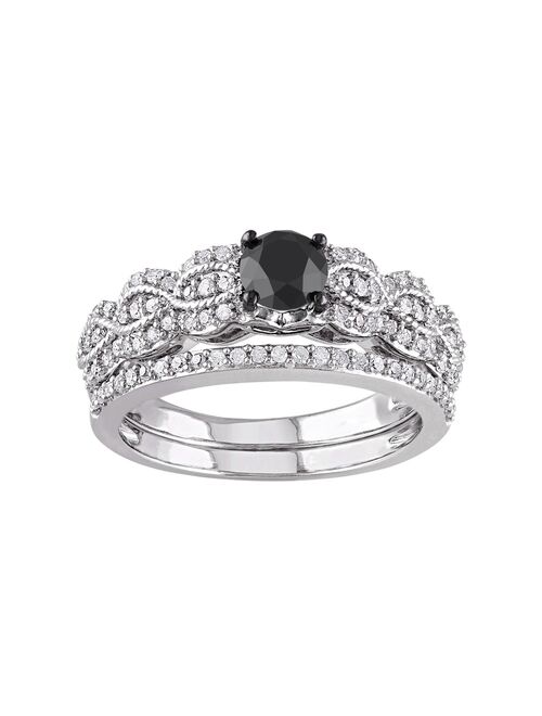 Black & White Diamond Scalloped Engagement Ring Set in Sterling Silver (1 Carat T.W.)