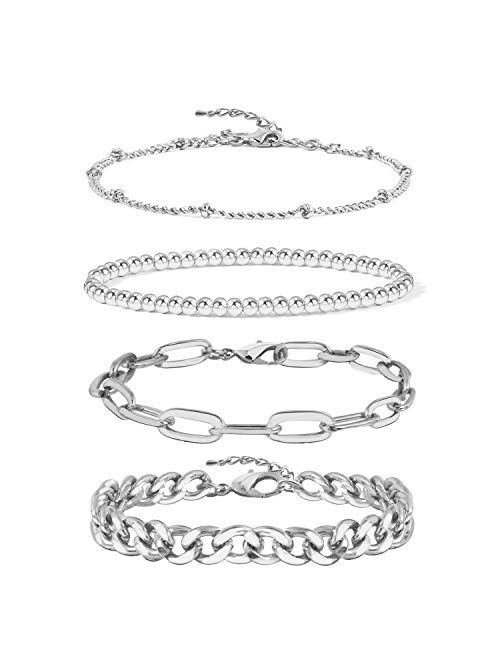 Badu Gold Bracelets for Women Girls 14K Gold Plated Dainty Link Paperclip Choker Bracelet Stack Gold Small Ball Beads Bracelets Adjustable Layered Metal Link Bracelet