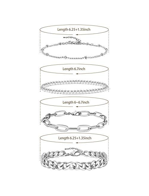 Badu Gold Bracelets for Women Girls 14K Gold Plated Dainty Link Paperclip Choker Bracelet Stack Gold Small Ball Beads Bracelets Adjustable Layered Metal Link Bracelet