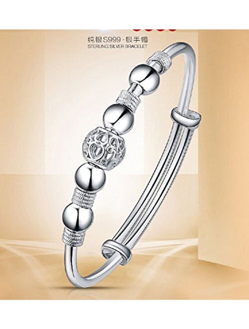 LMCIEZR Women's Simple Sterling Silver Beads Bangle Bracelet Transfer Lucky Beads Bracelet Cuff Bracelet Bangle with Open Design
