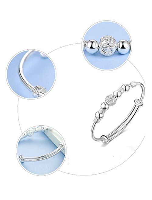 LMCIEZR Women's Simple Sterling Silver Beads Bangle Bracelet Transfer Lucky Beads Bracelet Cuff Bracelet Bangle with Open Design
