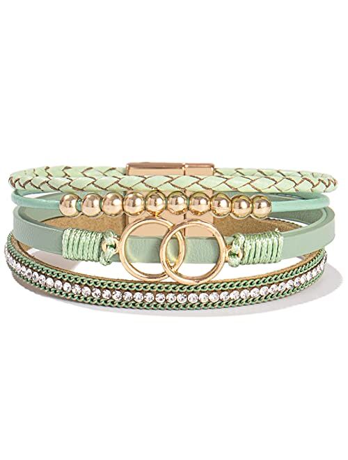 Fancy Shiny Boho Wrap Bracelets Leather Cuff Bangle Beaded Bracelets for Women Stackable Infinity Bracelets Jewelry with Magnetic Clasp