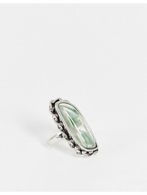 Reclaimed Vintage inspired long stone ring in silver
