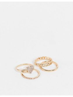 pack of 4 pave heart and chain rings in gold