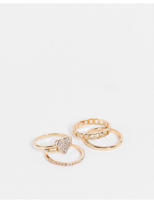Topshop pack of 4 pave heart and chain rings in gold