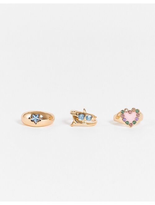 Reclaimed Vintage Inspired 3 ring pack in gold with dolphin & heart