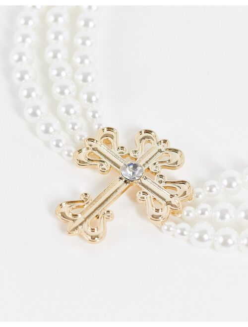 ASOS DESIGN pearl necklace with cross charm