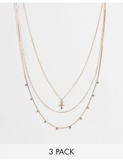 3-pack necklaces with opal design chain and mini cross in gold tone