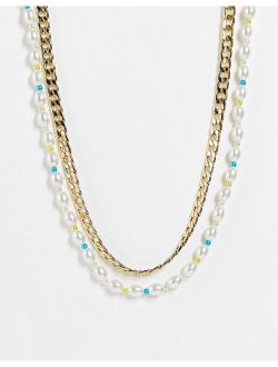 faux-pearl and pastel bead multirow necklace in gold