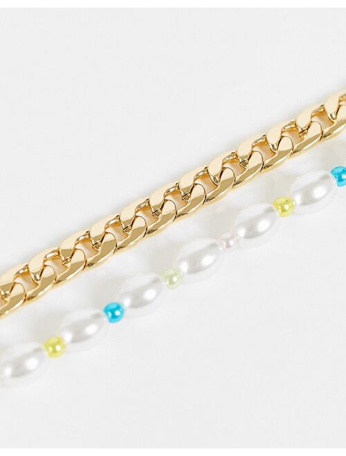 Topshop faux-pearl and pastel bead multirow necklace in gold