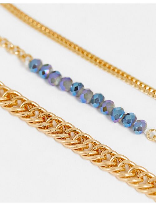 South Beach multirow chain necklace with blue beads in gold