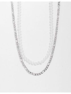 Inspired unisex multirow with silver chain and pearl