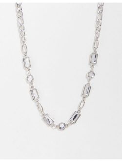 Inspired unisex chain necklace with faux crystal in silver