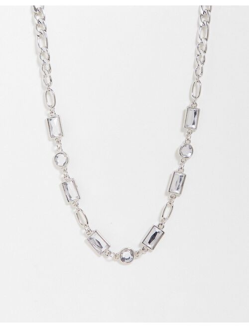 Reclaimed Vintage Inspired unisex chain necklace with faux crystal in silver
