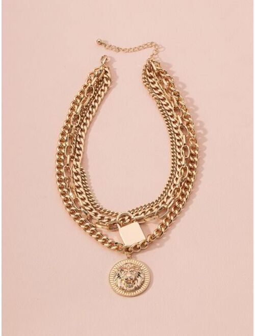 Shein Lion Design Round Charm Layered Necklace