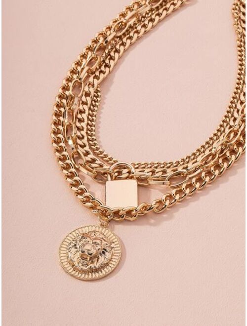 Shein Lion Design Round Charm Layered Necklace