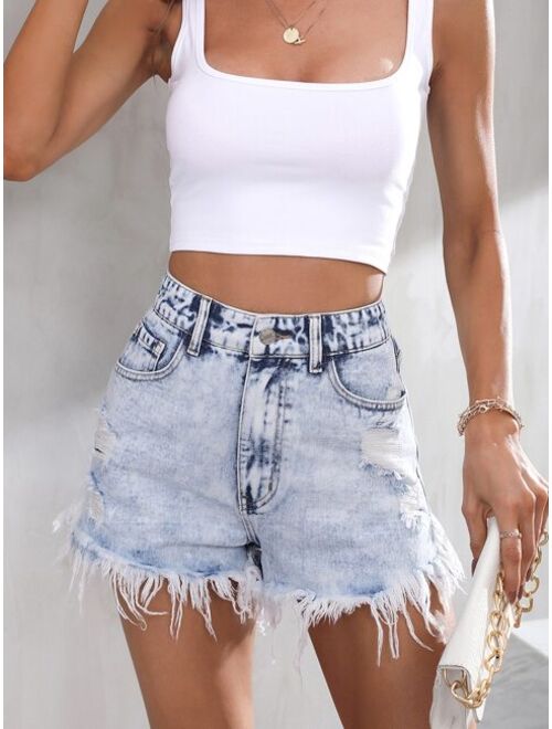 Shein High Waist Raw Hem Denim Shorts