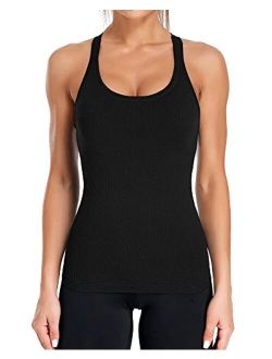 ATTRACO Ribbed Workout Tank Tops for Women with Built in Bra Tight Racerback Scoop Neck Athletic Top