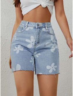 Floral Print Raw Cut Denim Shorts