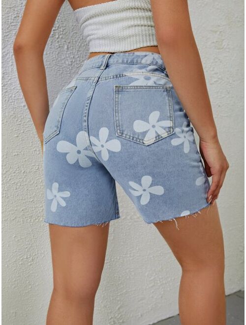 Shein Floral Print Raw Cut Denim Shorts