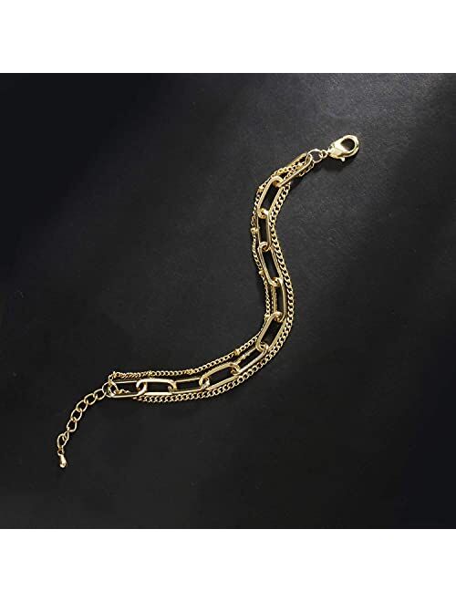 Conran Kremix Gold Chain Bracelet Sets for Women Girls 14K Gold Plated Dainty Link Paperclip Bracelets Stake Adjustable Layered Metal Link Bracelet Set Fashion Jewelry.