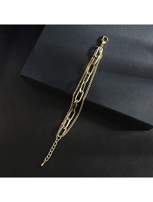 Conran Kremix Gold Chain Bracelet Sets for Women Girls 14K Gold Plated Dainty Link Paperclip Bracelets Stake Adjustable Layered Metal Link Bracelet Set Fashion Jewelry.