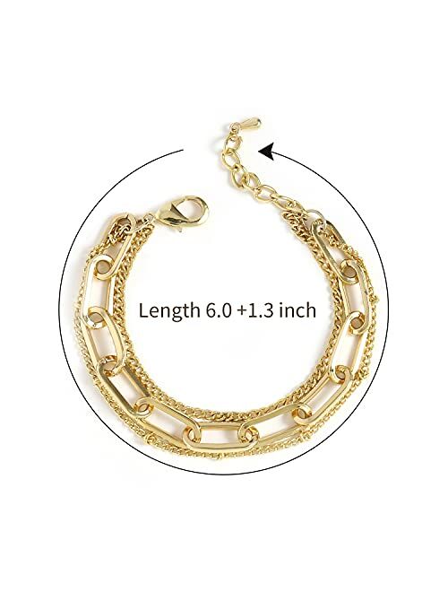 Conran Kremix Gold Chain Bracelet Sets for Women Girls 14K Gold Plated Dainty Link Paperclip Bracelets Stake Adjustable Layered Metal Link Bracelet Set Fashion Jewelry.