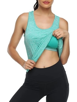 Miusey Womens Mesh Racerback Tank Tops Sleeveless Loose Fit Workout Yoga Shirts Built in Shelf Bra