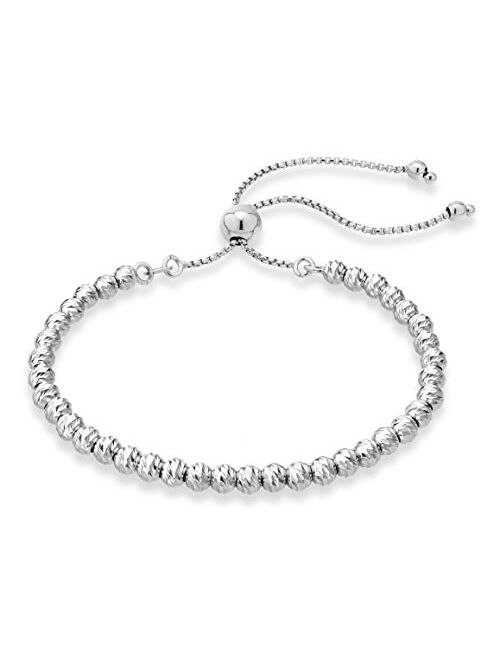 Miabella 925 Sterling Silver Diamond-Cut Adjustable Bolo 4mm Bead Bracelet for Women, Handmade Italian Beaded Ball Chain Bracelet, Choice White or Yellow