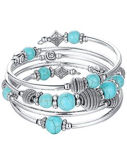PEARL&CLUB Beaded Chakra Bangle Turquoise Bracelet - Fashion Jewelry Wrap Bracelet with Thick Silver Metal and Mala Beads, Birthday Gifts for Women