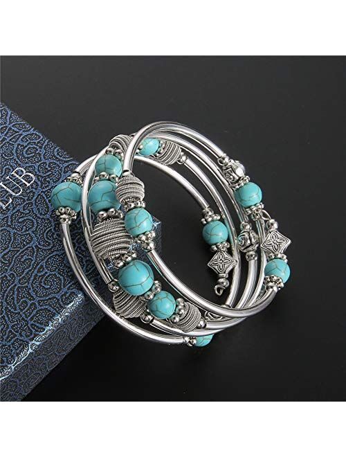 PEARL&CLUB Beaded Chakra Bangle Turquoise Bracelet - Fashion Jewelry Wrap Bracelet with Thick Silver Metal and Mala Beads, Birthday Gifts for Women