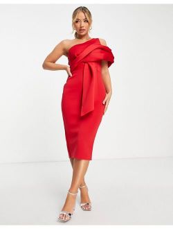 peekaboo shoulder tuck midi pencil dress in red