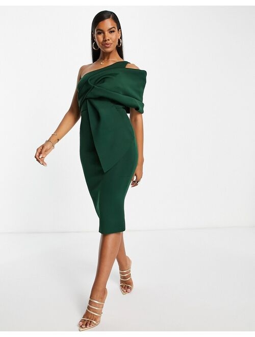 ASOS DESIGN peekaboo shoulder gathered midi pencil dress in forest green