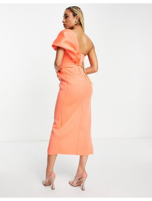ASOS DESIGN one shoulder seamed bust midi dress with high leg slit in coral