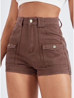 High Waist Flap Pocket Denim Shorts