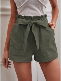 Solid Paper Bag Waist Belted Shorts