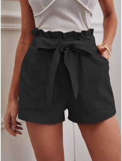 Solid Paper Bag Waist Belted Shorts