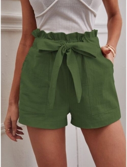 Solid Paper Bag Waist Belted Shorts